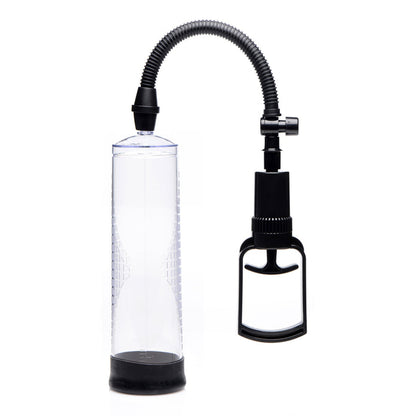 Clear vacuum penis pump with a trigger handle, air-release valve, measurement markings, and a silicone sleeve for performance enhancement.

