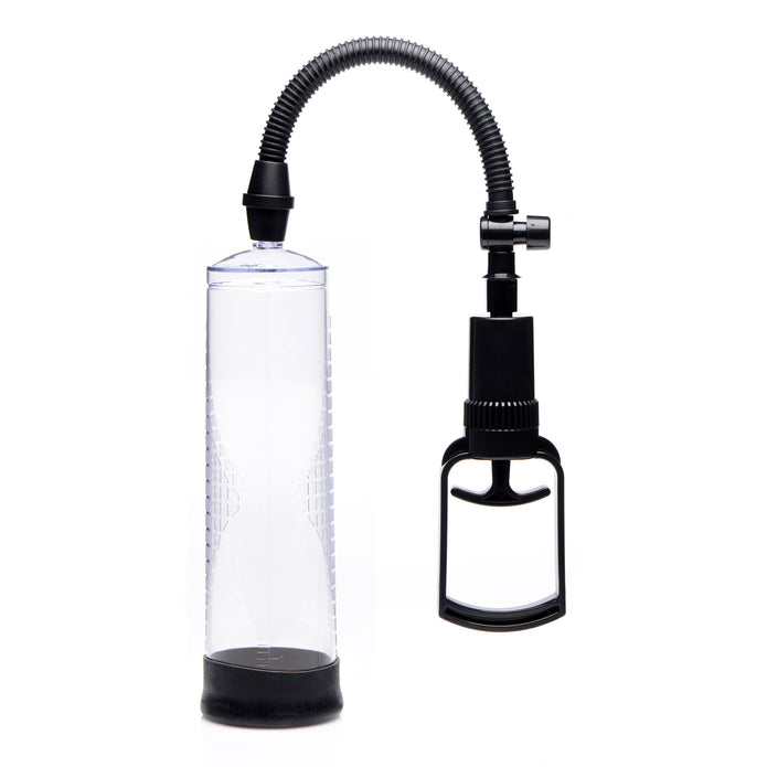 Clear vacuum penis pump with a trigger handle, air-release valve, measurement markings, and a silicone sleeve for performance enhancement.

