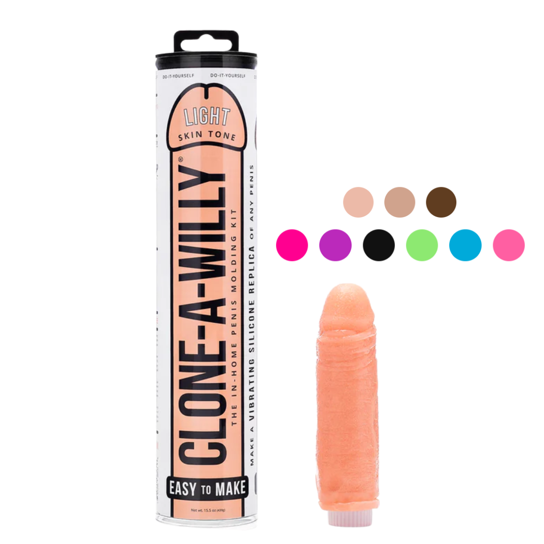 Clone-A-Willy DIY penis molding kit featuring a body-safe silicone mold, single-speed vibrator, and all necessary tools for creating a custom vibrating dildo.

