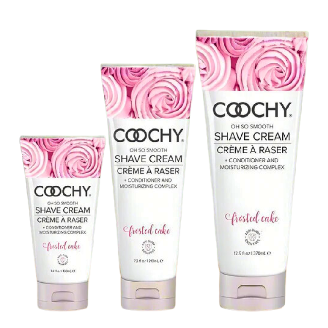  Coochy Frosted Cake shave cream with vanilla, buttercream, and lilac scent, rash-free formula for sensitive skin, doubles as a hair conditioner. Keywords: shave cream, vanilla buttercream shave cream, rash-free shaving cream, sensitive skin shave cream, gluten-free shaving cream, paraben-free shave cream, hair conditioner shave cream, Coochy Classic Brands, smooth skin shaving solution, scented shave cream for women and men.