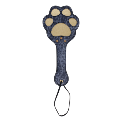 Cougar Paw Paddle with blue leopard faux leather, paw-shaped cutouts, and a wrist loop for playful impact play