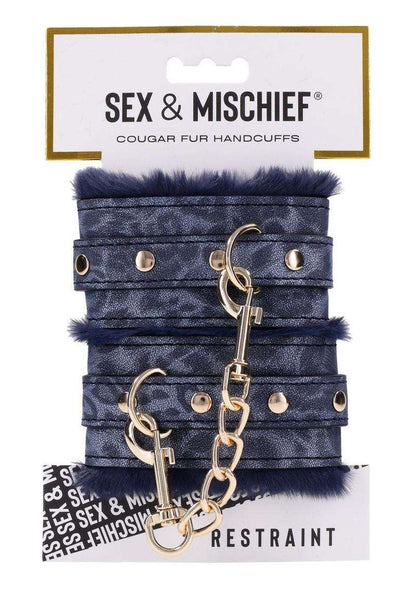 Sex and Mischief Cougar Fur Handcuffs - Blue/Gold/Navy Cougar fur handcuffs, faux fur handcuffs, blue fur bondage cuffs, gold-plated handcuffs, elegant BDSM cuffs, adjustable restraint cuffs, luxury bondage accessories