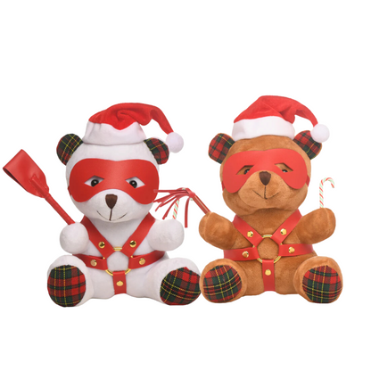 Dom Bear holiday plush toy with red and green flannel accents, Santa cap, and kinky accessories like a mask and harness, ideal for gag gifts