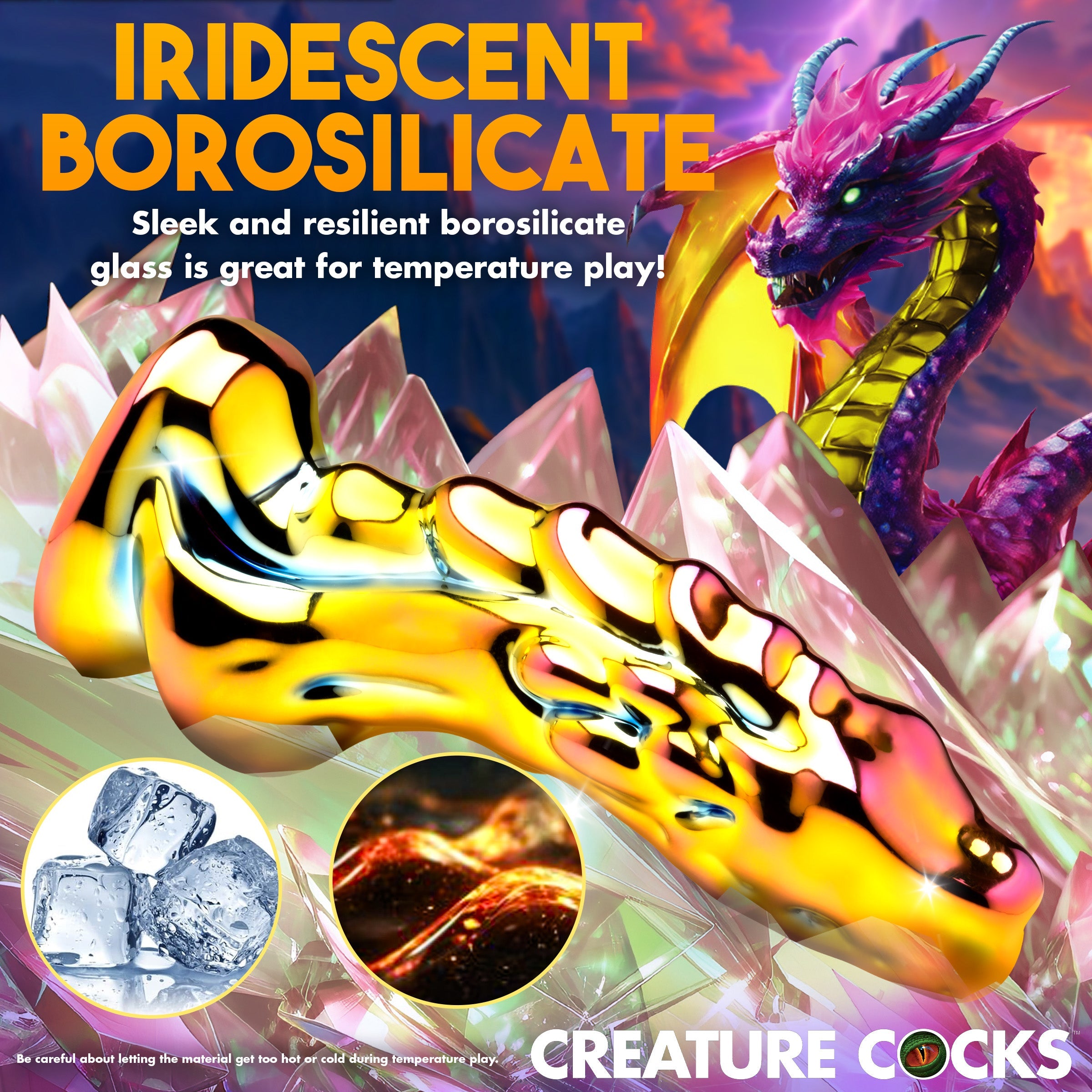 Dragon-shaped glass dildo with metallic finish, textured spine, and tapered tip.

dragon glass dildo, glass dildo, fantasy glass toy, borosilicate glass dildo, heat-sensitive dildo, metallic dragon dildo, textured glass dildo, yellow-pink dildo, creature cock glass, durable glass dildo