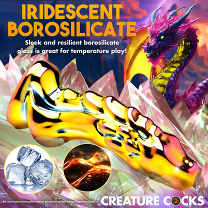 Dragon-shaped glass dildo with metallic finish, textured spine, and tapered tip.

dragon glass dildo, glass dildo, fantasy glass toy, borosilicate glass dildo, heat-sensitive dildo, metallic dragon dildo, textured glass dildo, yellow-pink dildo, creature cock glass, durable glass dildo