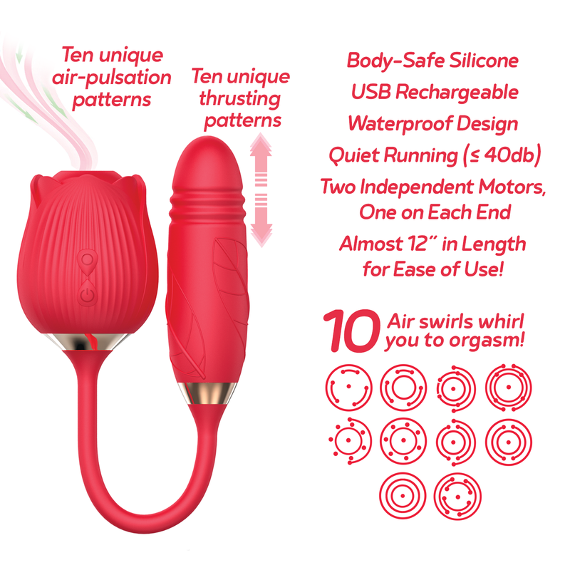 Dual-function rose toy with suction and thrusting, 10 modes each, body-safe silicone, waterproof, rechargeable, lipstick red.

Wild Rose and Thruster, rose suction and thruster, dual-function vibrator, 10 suction modes, 10 thrusting patterns, body-safe silicone, waterproof rose toy, rechargeable thruster toy, lipstick red vibrator, advanced rose V2, luxury clitoral stimulator.