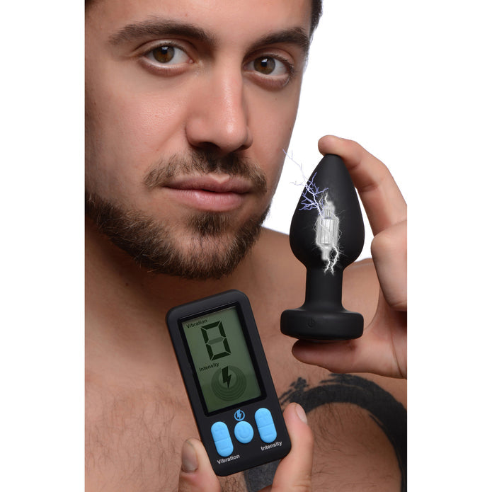 E-Stim Pro Silicone Vibrating Anal Plug with remote control, 5 vibration functions, and electrostimulation modes.
E-Stim anal plug, vibrating anal plug, electrostimulation plug, Zeus electrosex plug, silicone anal plug, rechargeable anal plug, anal toy with remote, vibrating and shocking anal plug, body-safe anal plug, dual sensation anal toy, electroplay anal plug.
