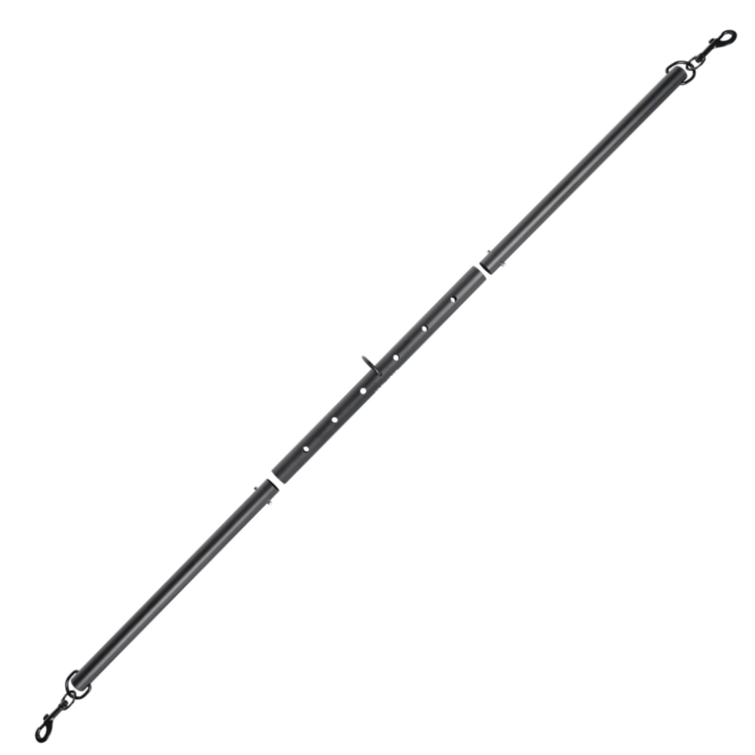 Adjustable aluminum spreader bar with nickel-free hardware, expands 28.5"–37". Includes clips for cuffs, middle attachment, and travel-friendly design.