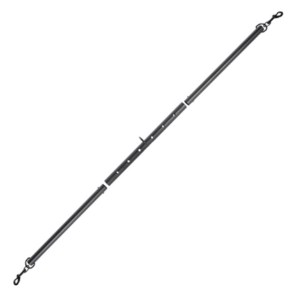 Adjustable aluminum spreader bar with nickel-free hardware, expands 28.5"–37". Includes clips for cuffs, middle attachment, and travel-friendly design.