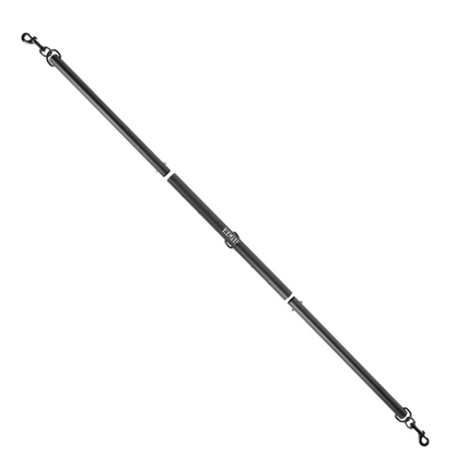 Adjustable aluminum spreader bar with nickel-free hardware, expands 28.5"–37". Includes clips for cuffs, middle attachment, and travel-friendly design.