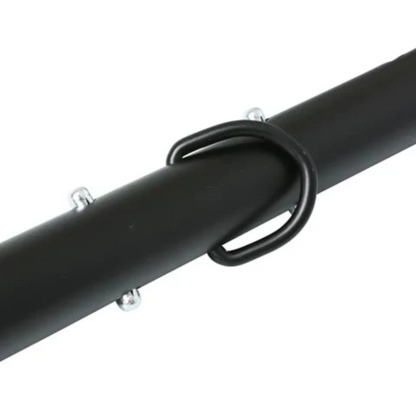 Adjustable aluminum spreader bar with nickel-free hardware, expands 28.5"–37". Includes clips for cuffs, middle attachment, and travel-friendly design.