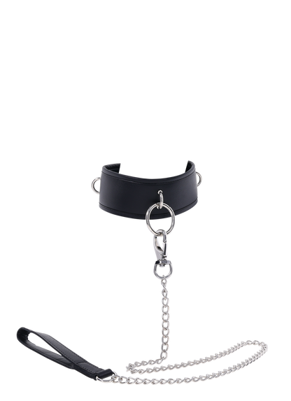 Edge® Collar and Leash with padded black faux leather design, silver hardware, removable leash, and versatile connection points for BDSM play