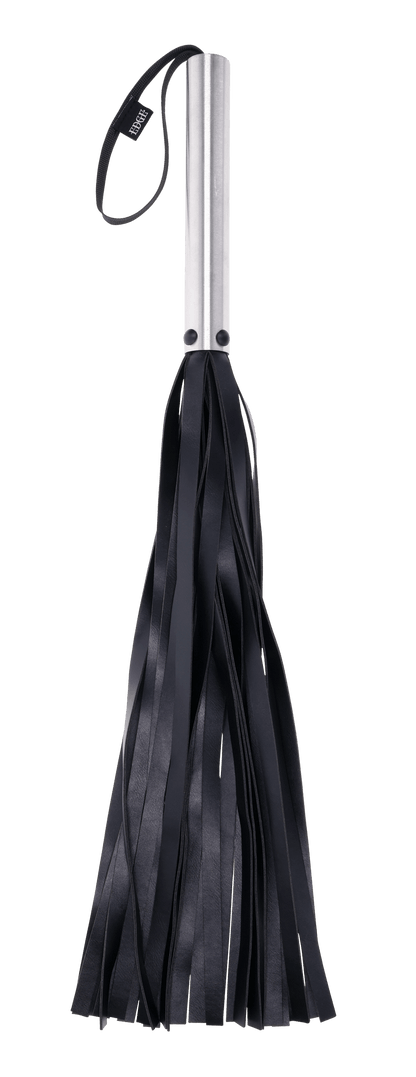 Edge Flogger with 30 black faux leather falls, stainless steel handle, and wrist loop for precision impact play