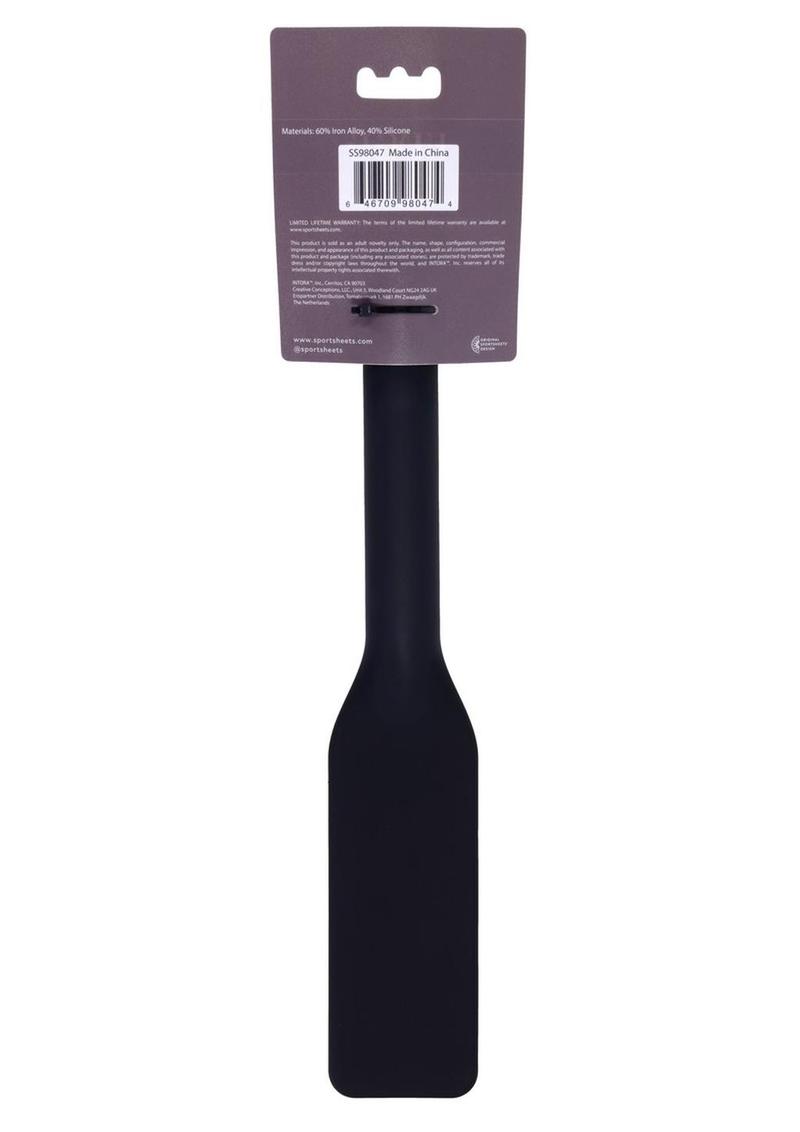 Edge silicone paddle, imprint paddle with "MINE," BDSM silicone paddle, insertable paddle handle, flexible paddle for impact play, metal-reinforced paddle, durable BDSM paddle