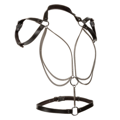 Euphoria Collection Plus Size Multi Chain Halter featuring vegan leather straps, soft velvet lining, adjustable buckle closures, and nickel-free metal chains for bold elegance.

