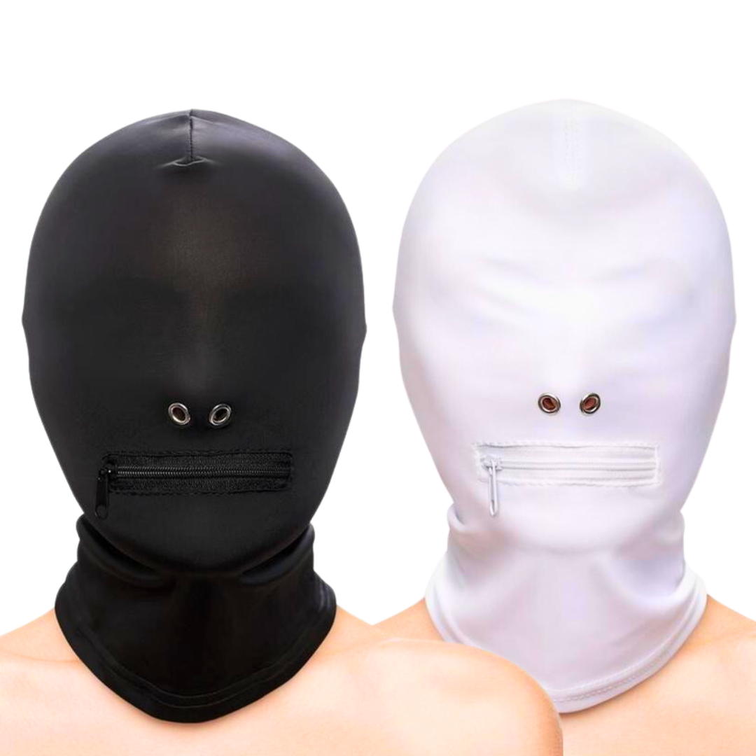 Zippered Mouth Hood in black and white, featuring a snug fit, soft nylon material, and a zippered mouth opening for sensory play. Keywords: zippered mouth hood, BDSM hood, fetish hood, sensory play hood, black nylon hood, white fetish hood, nickel-free BDSM hood, bondage hood, bondage accessories, BDSM gear