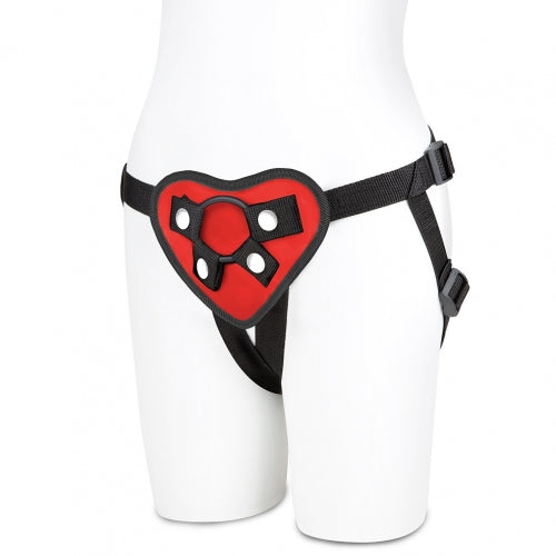 Fetish Strap-On Harness, red heart strap-on harness, adjustable strap-Lux Fetish Red Heart Strap-On Harness with a heart-shaped front, adjustable straps for hips up to 60 inches, and interchangeable O-rings, perfect for pegging and strap-on fun.
on harness, pegging harness, interchangeable O-ring harness, unisex strap-on, Valentine’s Day strap-on, romantic harness, flared-base dildo harness