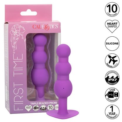 First Time Triple Beaded Silicone Rechargeable Anal Butt Probe A sleek purple triple-beaded probe from the First Time® series, displayed standing upright with a heart-shaped flared base for safety.