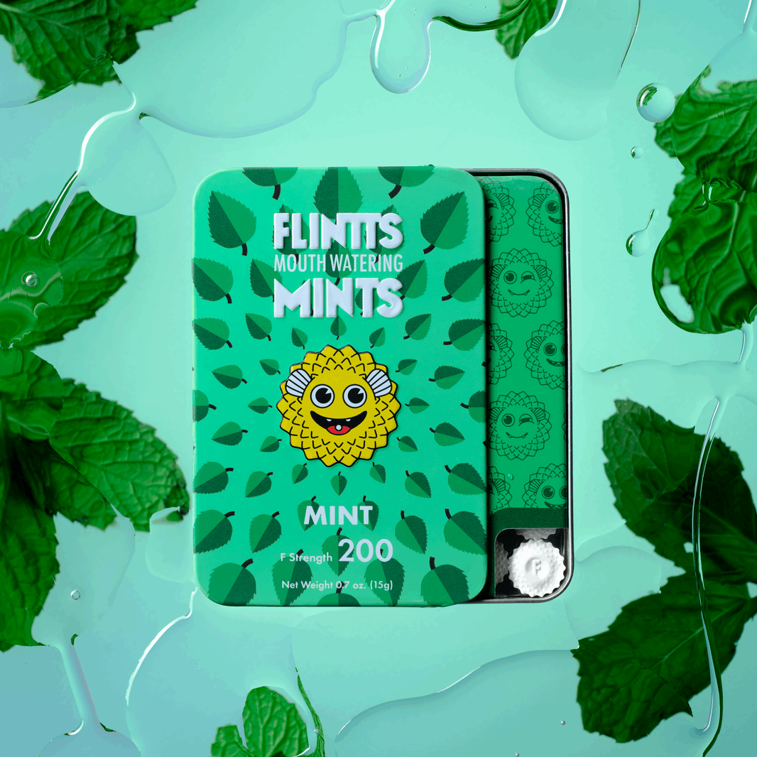 Flintts Mints in vibrant, eco-friendly packaging, featuring flavors like watermelon, grape, and lemon, with F Strength levels for customizable sparkle and mouth-watering effects.

