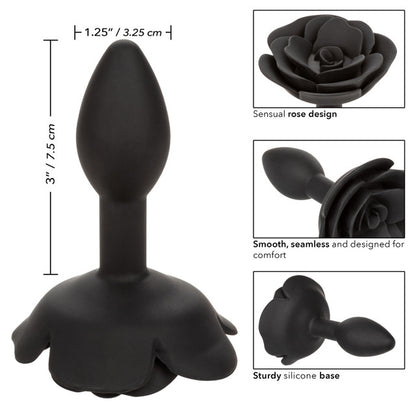 Forbidden™ Small Rose Anal Plug in black, featuring body-safe silicone, tapered design, sturdy base, and waterproof construction for safe and stylish anal pleasure.

small anal plug, beginner anal toy, body-safe silicone anal plug, waterproof anal plug, tapered anal plug, elegant anal toy, rose-themed anal plug, black silicone plug, anal plug with base
