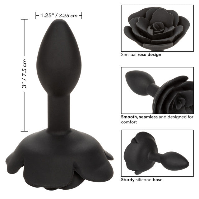 Forbidden™ Small Rose Anal Plug in black, featuring body-safe silicone, tapered design, sturdy base, and waterproof construction for safe and stylish anal pleasure.

small anal plug, beginner anal toy, body-safe silicone anal plug, waterproof anal plug, tapered anal plug, elegant anal toy, rose-themed anal plug, black silicone plug, anal plug with base