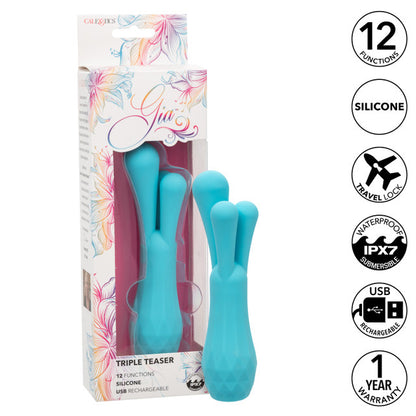 Gia™ Triple Teaser Blue silicone triple teaser vibrator with 12 vibration modes, waterproof design, USB rechargeable, and memory chip for personalized pleasure. triple stimulator vibrator, waterproof vibrator, USB rechargeable vibrator, 12-function vibrator, body-safe silicone, phthalate-free, travel lock, versatile vibrator, IPX7 waterproof toy.