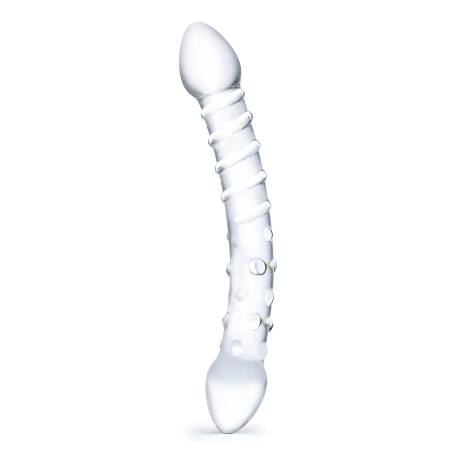 Handcrafted glass double-ended dildo with ribbed and nubby textures, curved for G-spot or P-spot stimulation, fracture-resistant and temperature-responsive.

Gläs Double Trouble dildo, double-ended glass dildo, handblown glass dildo, G-spot stimulation dildo, P-spot glass toy, textured glass dildo, ribbed glass dildo, hypoallergenic dildo, temperature-responsive glass dildo, fracture-resistant glass sex toy
