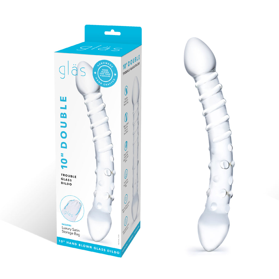 Handcrafted glass double-ended dildo with ribbed and nubby textures, curved for G-spot or P-spot stimulation, fracture-resistant and temperature-responsive.

Gläs Double Trouble dildo, double-ended glass dildo, handblown glass dildo, G-spot stimulation dildo, P-spot glass toy, textured glass dildo, ribbed glass dildo, hypoallergenic dildo, temperature-responsive glass dildo, fracture-resistant glass sex toy
