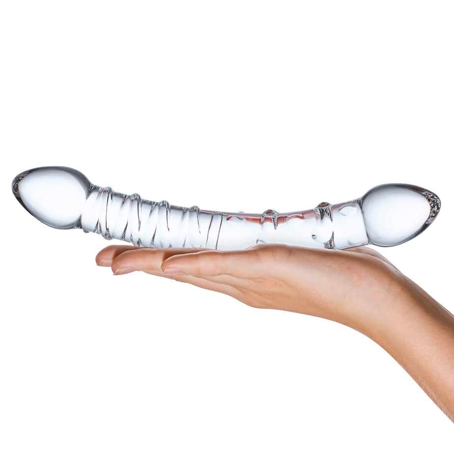 Handcrafted glass double-ended dildo with ribbed and nubby textures, curved for G-spot or P-spot stimulation, fracture-resistant and temperature-responsive.

Gläs Double Trouble dildo, double-ended glass dildo, handblown glass dildo, G-spot stimulation dildo, P-spot glass toy, textured glass dildo, ribbed glass dildo, hypoallergenic dildo, temperature-responsive glass dildo, fracture-resistant glass sex toy