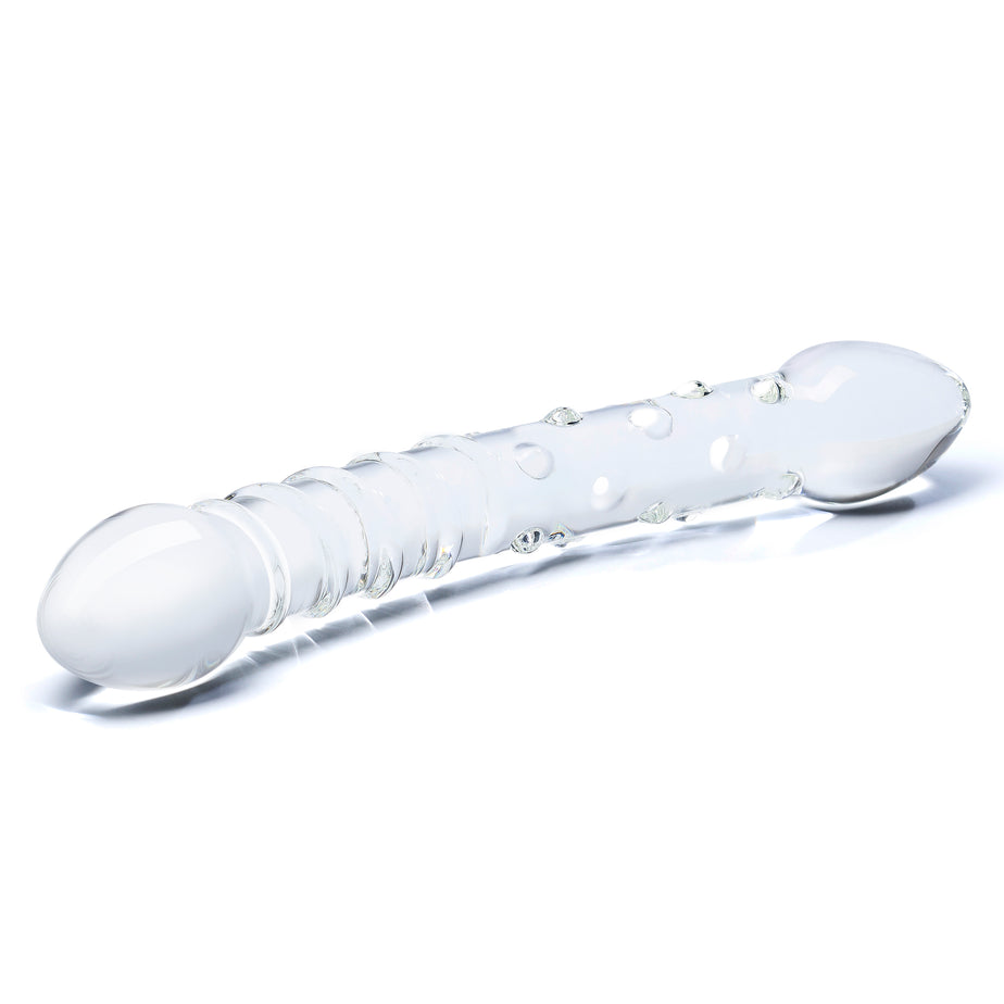Handcrafted glass double-ended dildo with ribbed and nubby textures, curved for G-spot or P-spot stimulation, fracture-resistant and temperature-responsive.

Gläs Double Trouble dildo, double-ended glass dildo, handblown glass dildo, G-spot stimulation dildo, P-spot glass toy, textured glass dildo, ribbed glass dildo, hypoallergenic dildo, temperature-responsive glass dildo, fracture-resistant glass sex toy