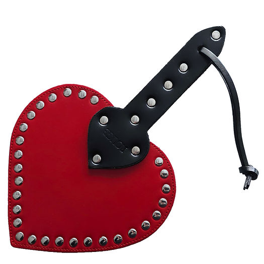Heart-shaped leather spanking paddle with riveted studs, wrist strap, and genuine cowhide leather in pink, black, or red.

heart-shaped paddle, leather spanking paddle, genuine leather paddle, impact play paddle, heart impression paddle, luxury bondage paddle, studded spanking paddle, pink leather paddle, black leather paddle, red leather paddle, handcrafted BDSM paddle.