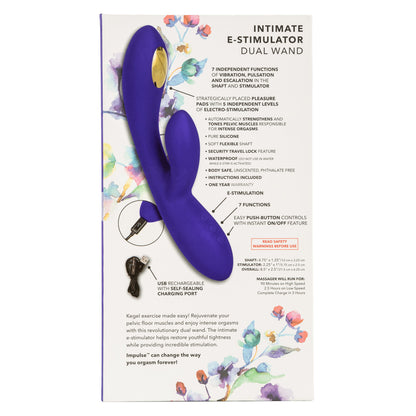 Impulse™ Intimate E-Stimulator Dual Wand with 7 vibrations, 5 e-stim modes, and a contoured silicone design.
E-Stimulator Dual Wand, rabbit massager, vibrating and e-stim wand, dual stimulation vibrator, pelvic floor stimulator, electro-stimulation rabbit, body-safe silicone vibrator, rechargeable e-stim wand, waterproof rabbit massager, dual wand with e-stim.