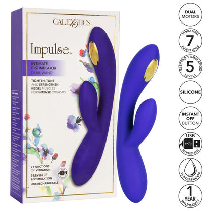 Impulse™ Intimate E-Stimulator Dual Wand with 7 vibrations, 5 e-stim modes, and a contoured silicone design.
E-Stimulator Dual Wand, rabbit massager, vibrating and e-stim wand, dual stimulation vibrator, pelvic floor stimulator, electro-stimulation rabbit, body-safe silicone vibrator, rechargeable e-stim wand, waterproof rabbit massager, dual wand with e-stim.