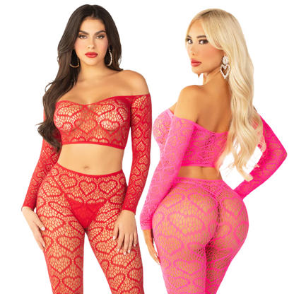 Heart Net Off The Shoulder Crop Top and Footless Tights | Leg Avenue