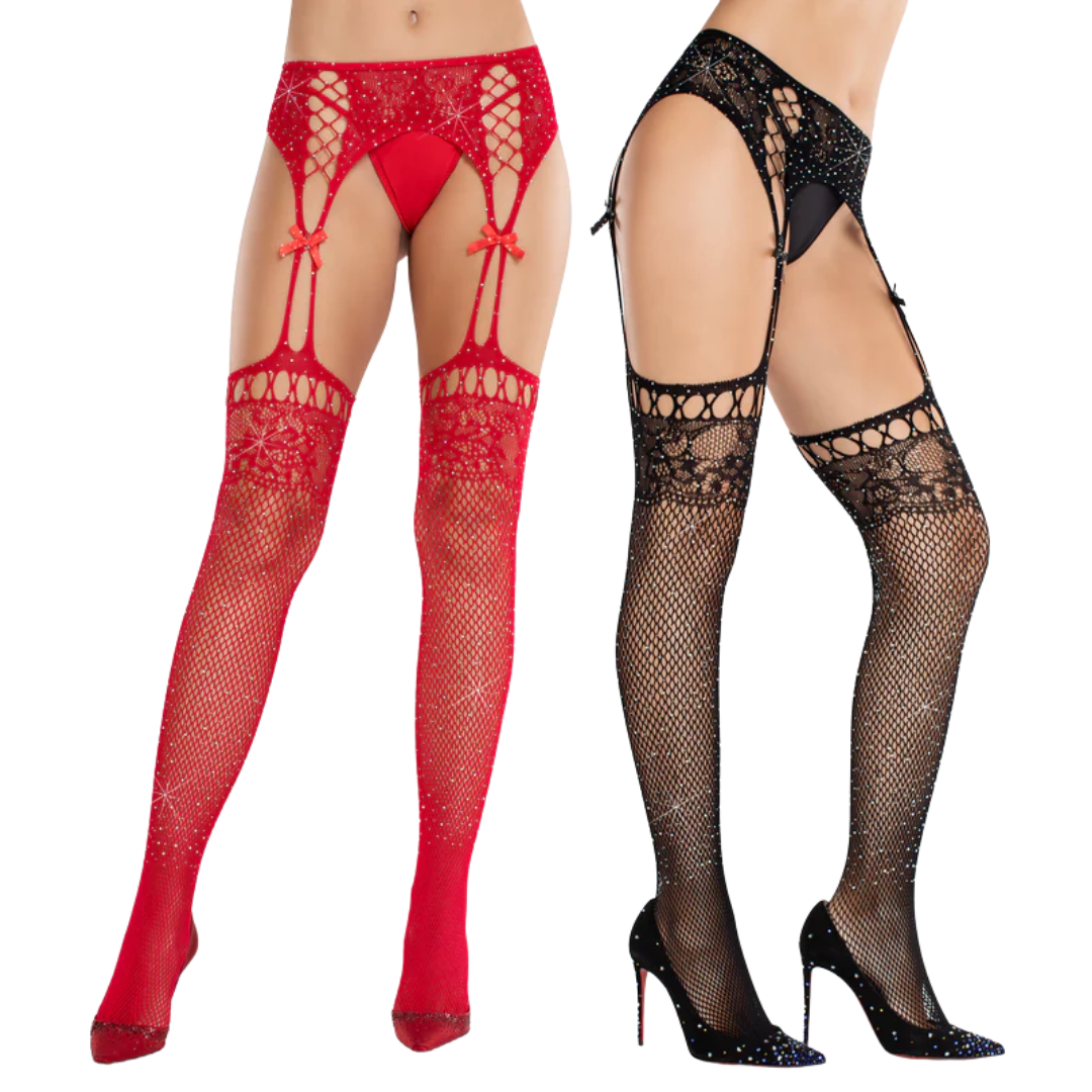 Amelie Rhinestone Garter Belt Tights by Leg Avenue, featuring lace top fishnet stockings with hand-laid rhinestones and attached garter belt in black or red.

Amelie rhinestone tights, lace top garter belt stockings, Leg Avenue fishnet stockings, rhinestone garter belt hosiery, black lace fishnet stockings, red rhinestone tights, crotchless pantyhose with garter, mini bow accents, glamorous fishnet hosiery, bold lingerie stockings