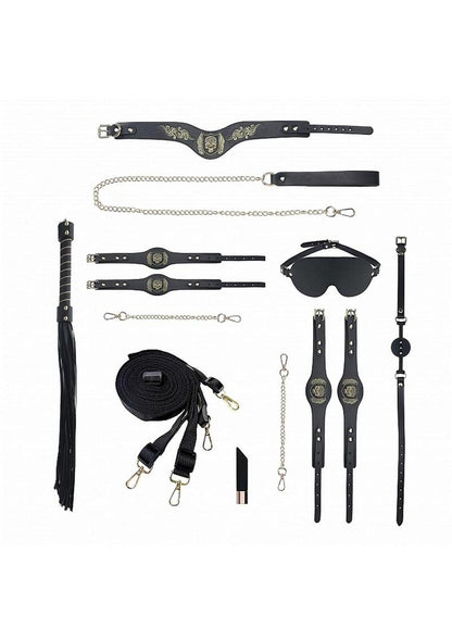 London Collection BDSM kit, Ouch! bondage set, iridescent hardware BDSM gear, high-fashion bondage accessories, luxurious BDSM collection, bonded leather restraint set, skull-embossed bondage kit, under-the-mattress restraint system, rechargeable vibrating bullet, stylish BDSM tools