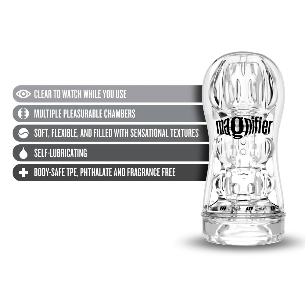 M For Men Magnifier Clear Masturbator with self-lubricating design, four pleasure chambers, Perfectflo suction, and a pliable, open-ended canister.

M For Men Magnifier, self-lubricating stroker, clear masturbator, Perfectflo suction, realistic male stroker, textured chambers stroker, open-ended masturbator, large male stroker, body-safe TPE stroker, Blush stroker.