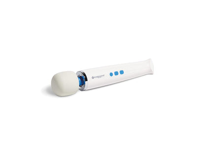 Magic Wand Mini rechargeable wand massager with deep vibrations, flexible neck, soft silicone head, cordless design, and three intensity settings.

