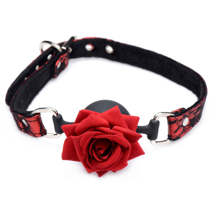 Master Series Silicone Ball Gag with a red rose accent, breathable silicone ball, adjustable lace strap, and soft inner lining.

Master Series ball gag, rose ball gag, breathable silicone gag, red and black lace gag, adjustable BDSM gag, realistic rose gag, soft inner lining gag, bondage accessories, floral ball gag, premium silicone gag.