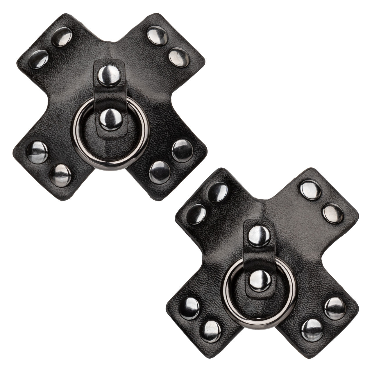 Black O-ring pasties with rivet accents for bold, reusable sensual wear. Keywords: O-ring pasties, Euphoria Collection pasties, rivet pasties, reusable nipple pasties, bold nipple accessories, black O-ring nipple covers, edgy pasties, PU-coated silicone pasties, fetish accessories, stylish nipple pasties.