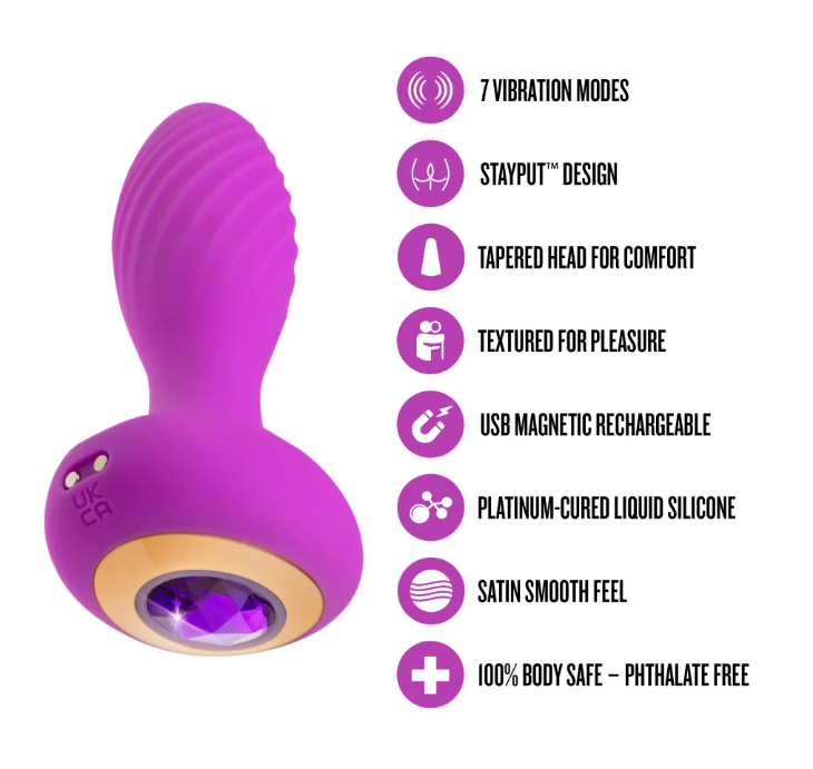 Oh My Gem Charm Plug: Vibrating silicone anal plug with StayPut design, 7 modes, magnetic charging, and gem base for luxurious pleasure.