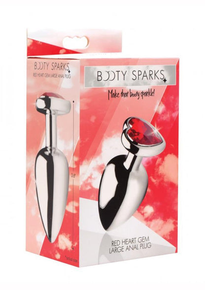 Packaging of the Booty Sparks Red Heart Gem Large Anal Plug, showcasing its sleek, metal finish and heart-shaped crimson gem. Tagline: "Make that booty sparkle!" Highlights include a smooth, nickel-free aluminum alloy design.