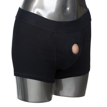 Packer Gear Black Boxer Brief Harness with stretchy fabric, reinforced O-ring, packer pouch, and 2-panel design for comfortable, stylish packing.

Packer Gear Black Boxer Brief Harness, strapless harness briefs, packer-friendly boxer briefs, natural look harness, double penetration briefs, reinforced O-ring packer briefs, phthalate-free harness, washable boxer brief harness, bullet pocket harness briefs, plus size harness