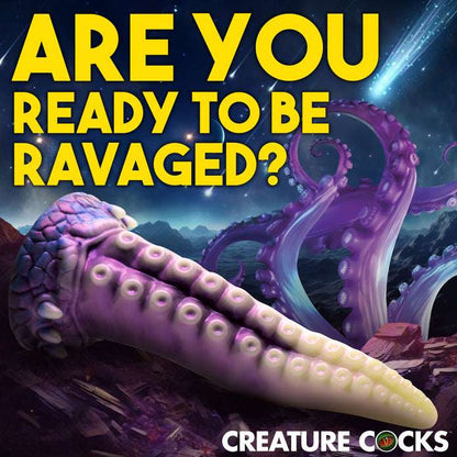 Astropus fantasy tentacle dildo with textured suckers, tapered tip, premium silicone, suction cup base, and harness compatibility for roleplay and sci-fi pleasure.

