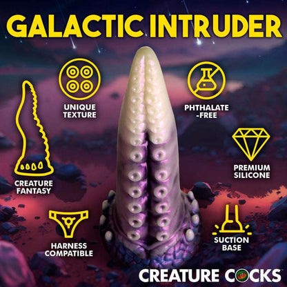 Pearly white, purple, and blue tentacle dildo with textured suckers, a suction-cup base, and a wide, tapered shaft for intergalactic roleplay.