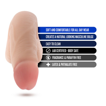 Performance 5 Inch Packer for gender affirmation, ultra-soft TPE, and natural-looking bulge.

gender affirmation packer, realistic packer, ultra-soft packer, X5 Plus TPE packer, packer underwear compatible, natural-looking bulge, soft packer, body-safe packer, everyday packer, lifelike packer, packer for trans men, beige packer.