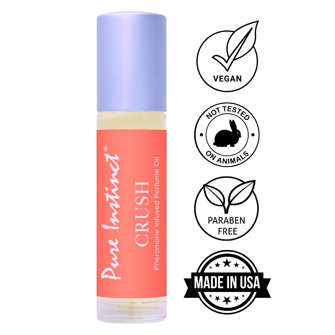 Pheromone-infused roll-on perfume with citrus, florals, amber, and musk for a unique, unisex fragrance.

pheromone-infused perfume, unisex fragrance, citrus perfume, amber and musk scent, roll-on perfume, floral fragrance, cashmere musk, travel-friendly perfume, day-to-night fragrance, Pure Instinct Crush, USA-made perfume, romantic fragrance, signature scent.