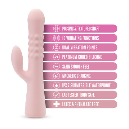 Pink rabbit vibrator with pulsating textured shaft, dual stimulation, and waterproof silicone design for G-spot and clitoral pleasure.
Keywords: rabbit vibrator, Jaymie vibrator, pulsating shaft, G-spot vibrator, clitoral stimulation, dual-stimulation vibrator, waterproof vibrator, USB rechargeable, platinum-cured silicone, soft silicone vibrator, expanding shaft, body-safe vibrator, 9.25-inch vibrator
