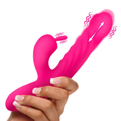 Pink rabbit vibrator with thrusting shaft, clit-stimulating rabbit ears, 15 vibration patterns, splashproof design, and rechargeable battery.

