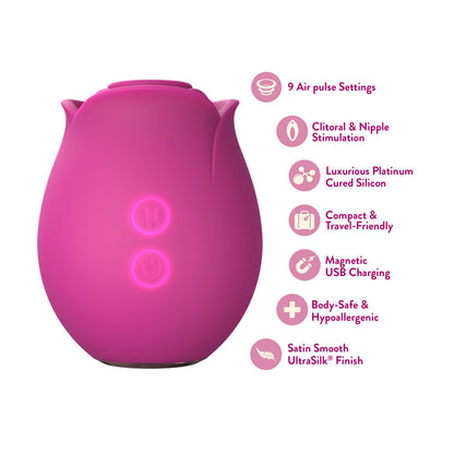Pink rose silicone massager with Air Wave suction, 9 settings, 6 speeds, 3 patterns, splashproof, and USB rechargeable for clitoral and nipple play.

Blush Rose massager, rose silicone massager, Air Wave suction vibrator, clitoral stimulation, nipple play, 9 air wave sensations, 6 speeds, USB rechargeable, splashproof vibrator, body-safe silicone, elegant vibrator, travel-friendly massager.